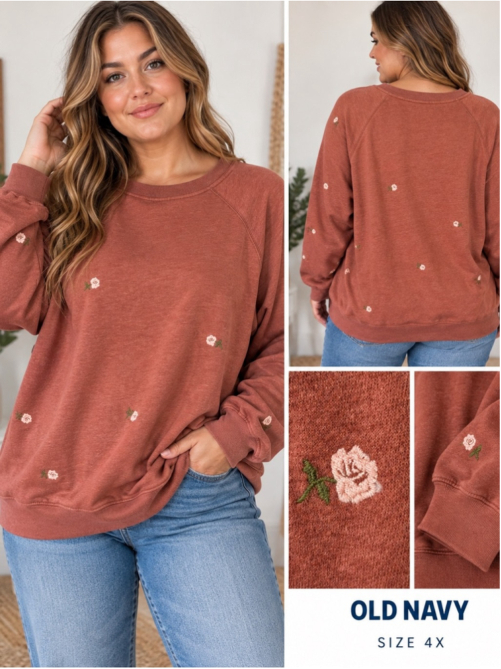 Old Navy Rust Crewneck Sweatshirt with Pale Pink Floral Embroidery Size 4X